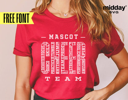 Person wearing red shirt with 'Mascot Cheer Team' text design, ideal for cheerleading Cricut and Silhouette projects.