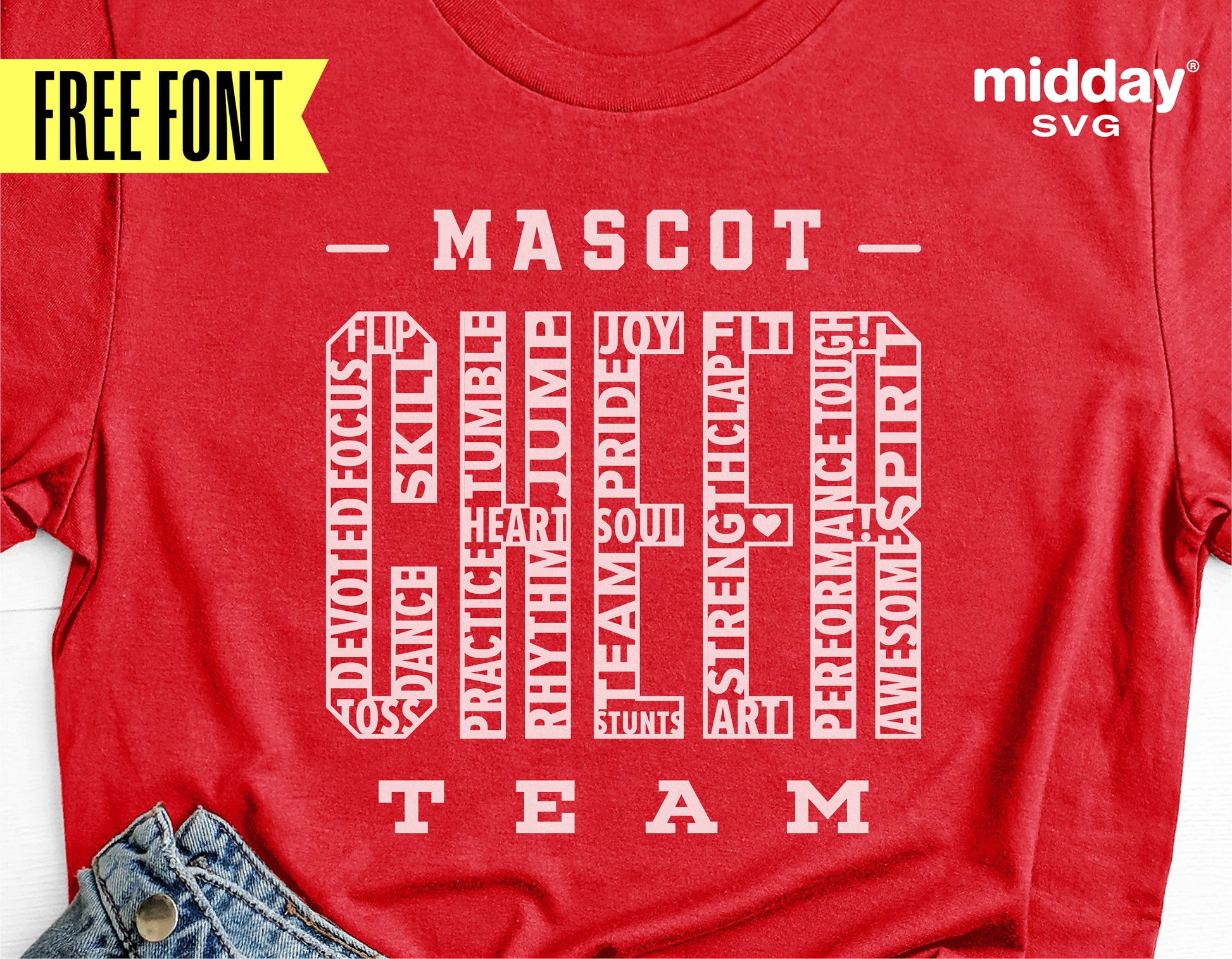 Red cheerleading shirt with 'Mascot Cheer Team' design, featuring motivational words in bold fonts, suitable for cheer teams and coaches.