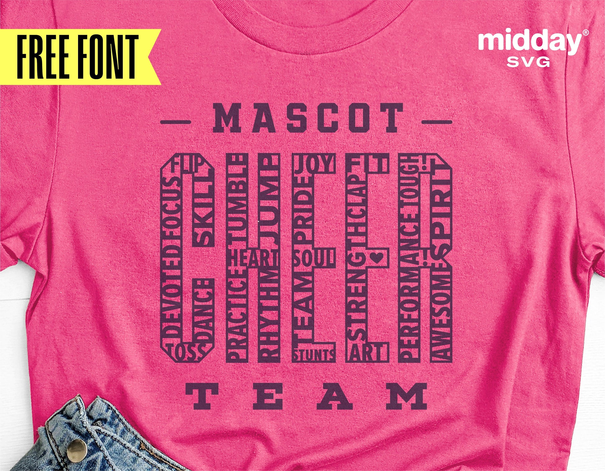Pink cheer team t-shirt featuring mascot text design for cheerleading, ideal for Cricut and Silhouette projects.