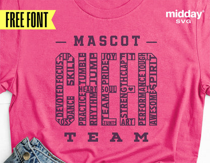 Pink cheer team t-shirt featuring mascot text design for cheerleading, ideal for Cricut and Silhouette projects.
