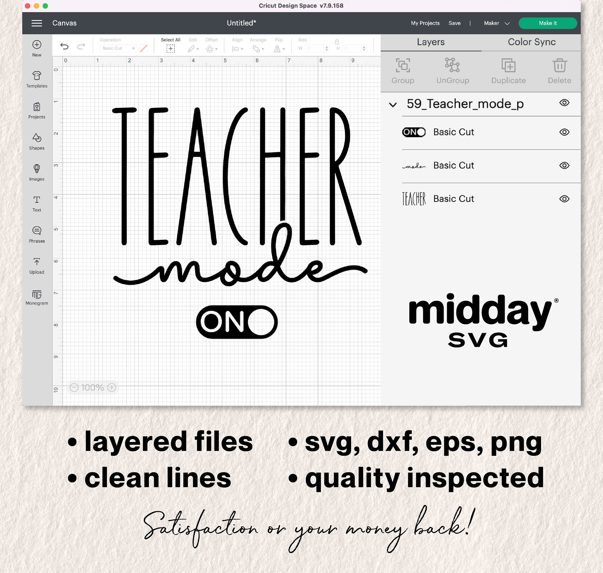 "Teacher Mode On" SVG design displayed in Cricut Design Space, available in layered SVG, DXF, EPS, PNG formats with quality inspection.