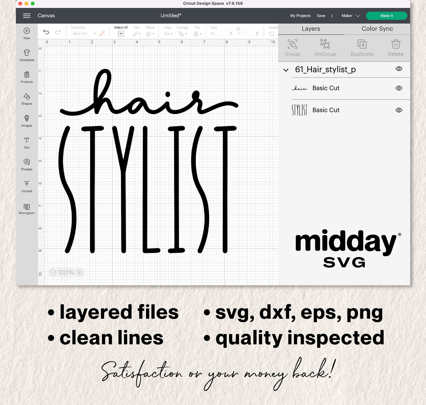 Cricut Design Space showing hair stylist SVG, ideal for shirt designs and crafting; includes layered clean files in svg, dxf, eps, png formats.