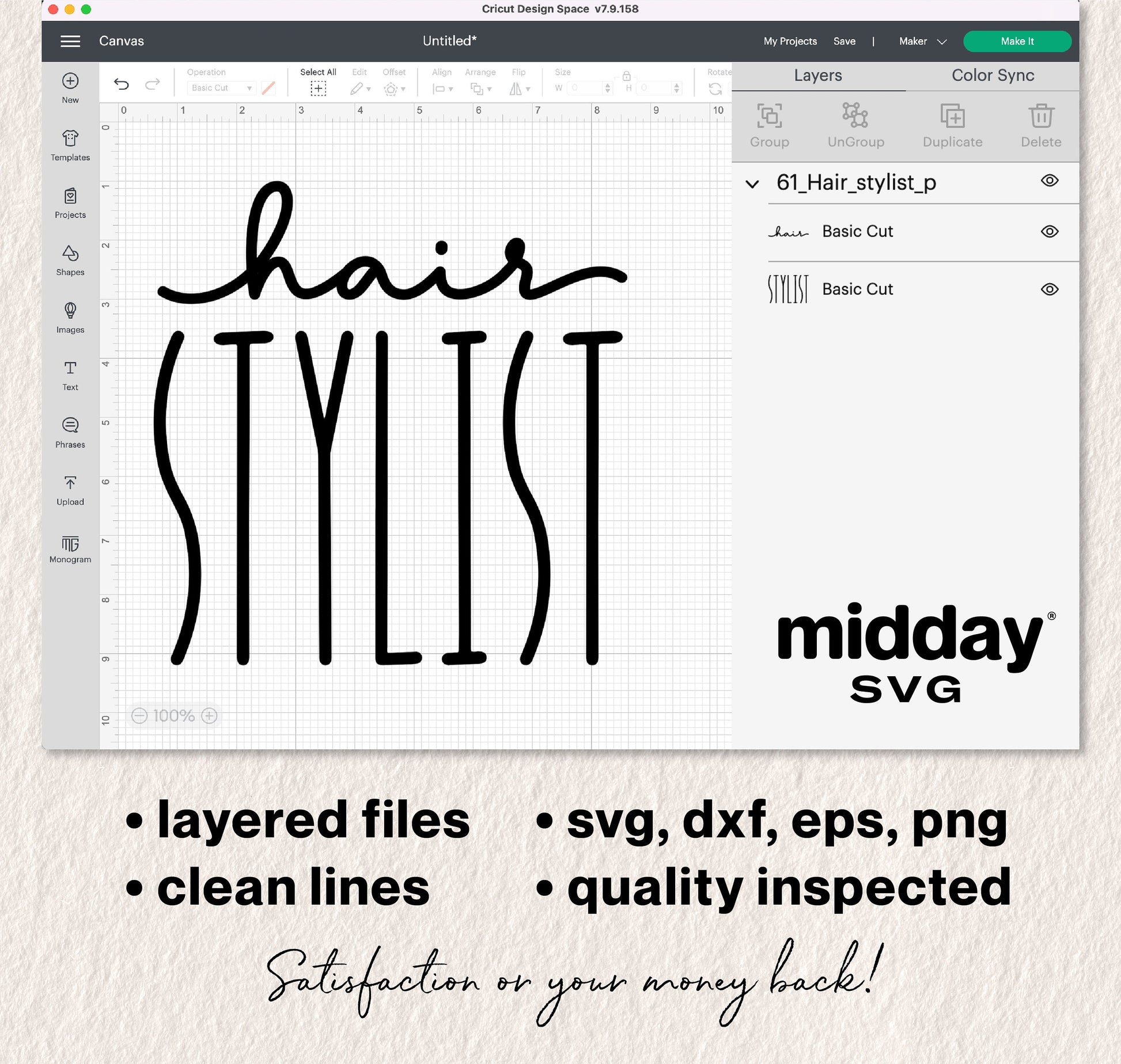 Cricut Design Space showing hair stylist SVG, ideal for shirt designs and crafting; includes layered clean files in svg, dxf, eps, png formats.