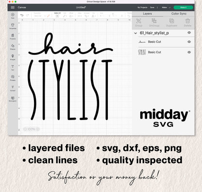 Cricut Design Space showing hair stylist SVG, ideal for shirt designs and crafting; includes layered clean files in svg, dxf, eps, png formats.