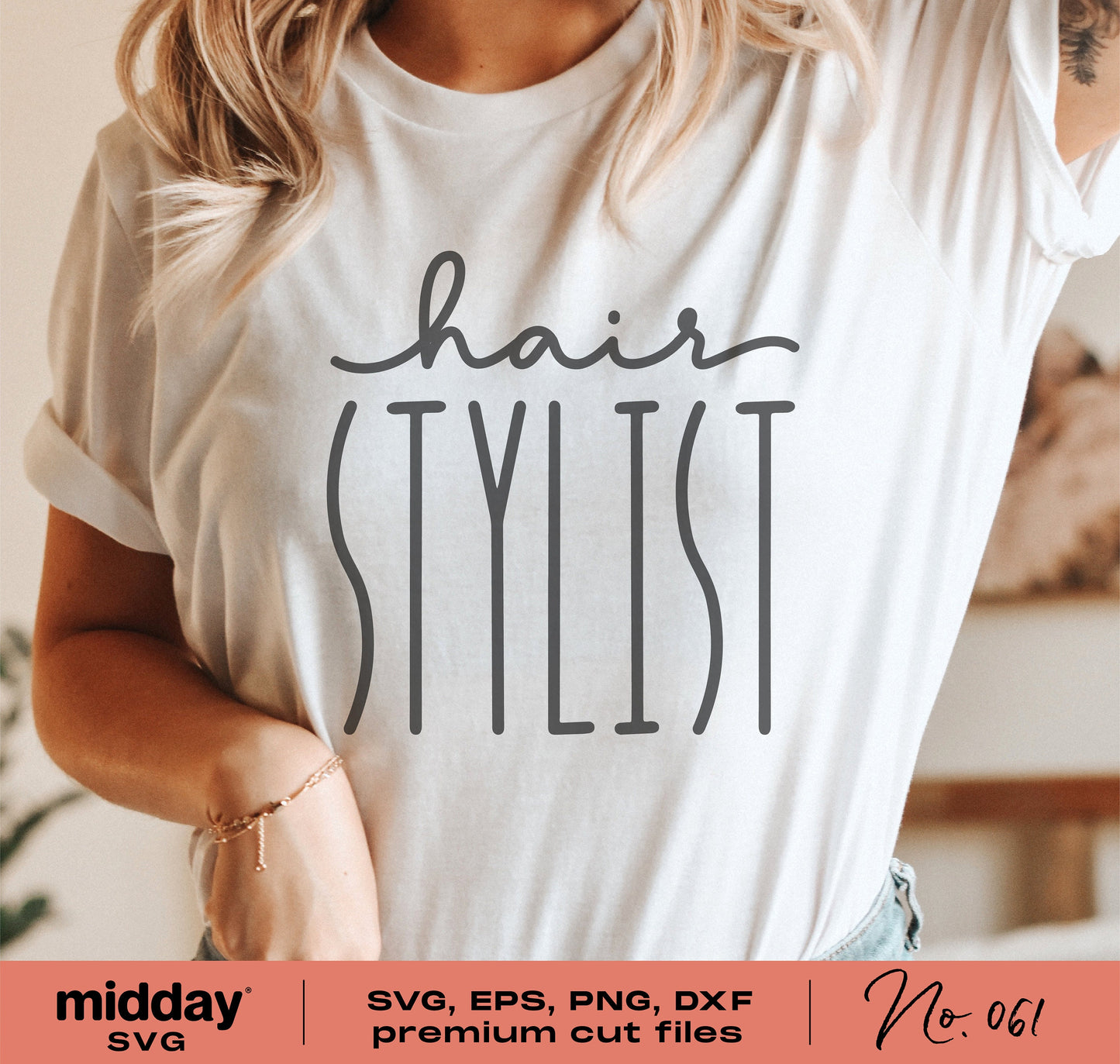 Woman wearing a t-shirt with 'hair stylist' design, showcasing SVG, EPS, PNG, DFX premium cut files available for Cricut and Silhouette.