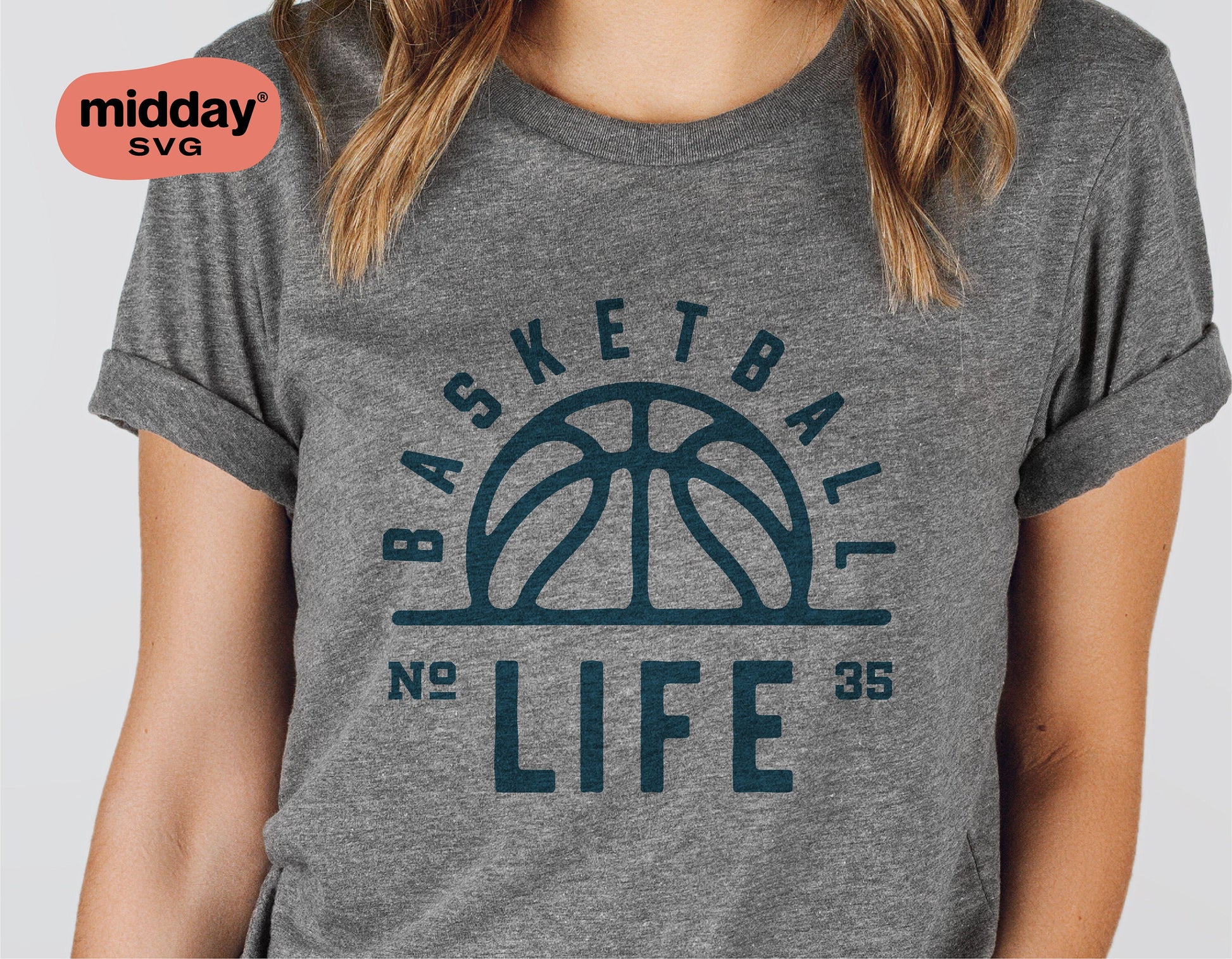 Gray t-shirt with a basketball design resembling the sun and 'Basketball Life' text, perfect for fans and Cricut cut projects.