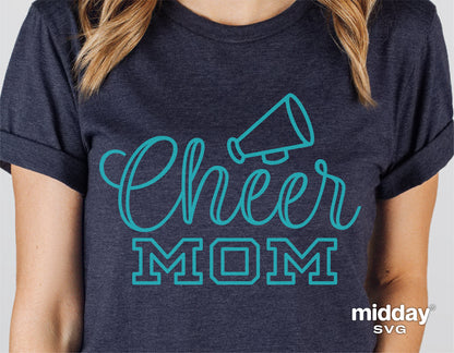 Cheer Mom shirt with megaphone design in turquoise lettering, perfect for Cricut and Silhouette projects, sublimation, and gifts.