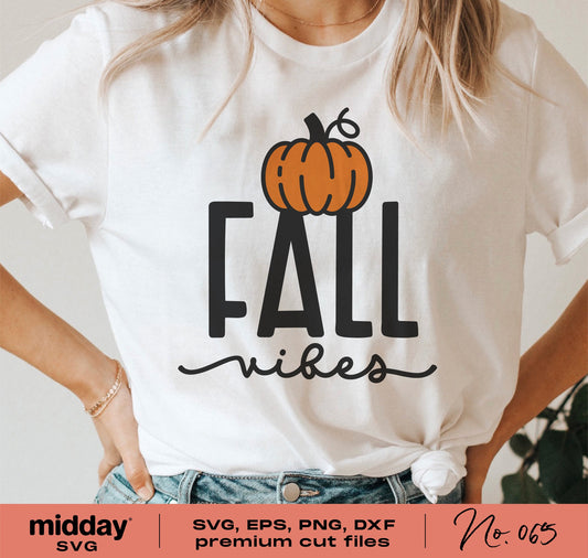 Woman wearing fall vibes shirt with pumpkin design, showcasing SVG cut file for Cricut and Silhouette, perfect for autumn crafts.