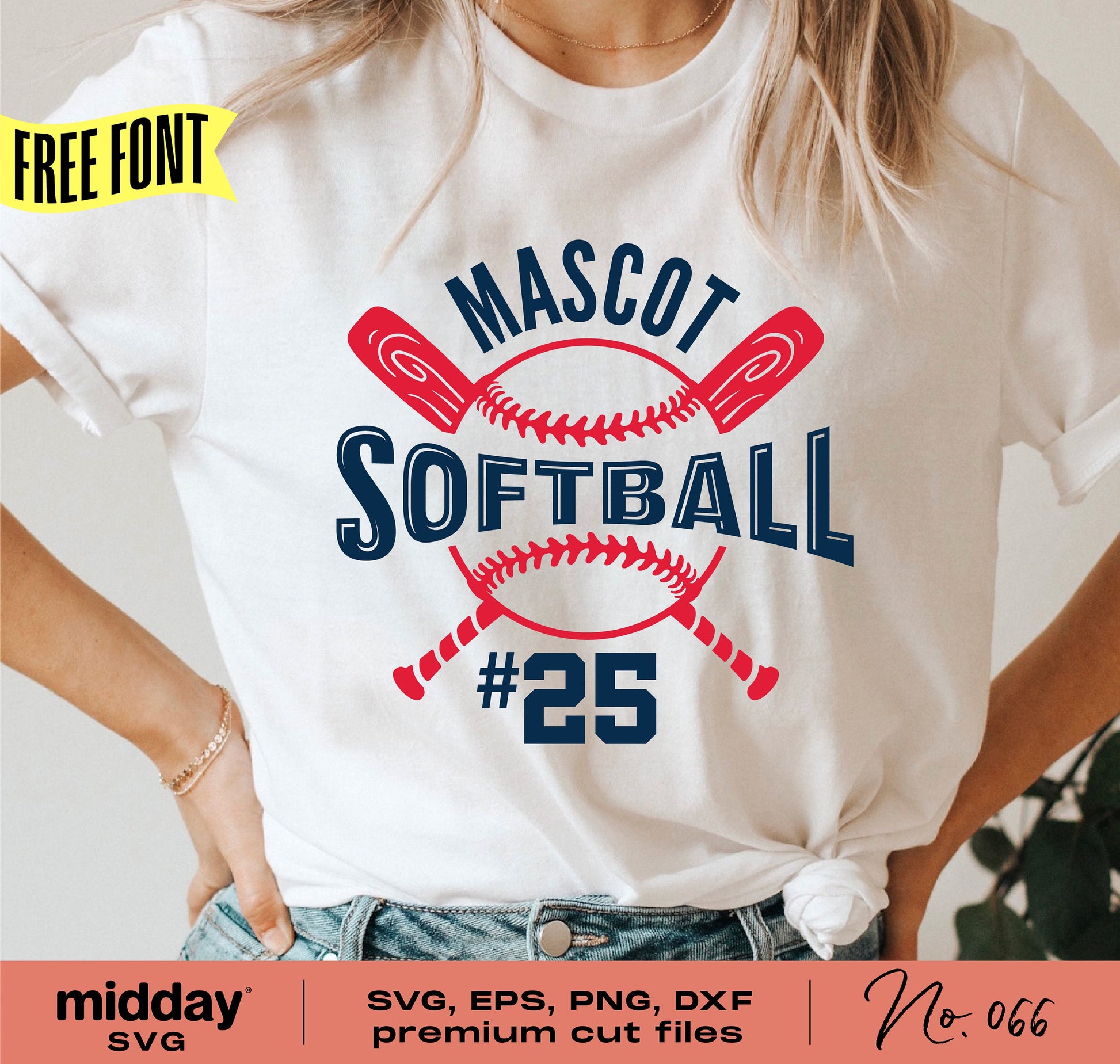 Woman wearing T-shirt with custom softball design 'Mascot Softball #25' using SVG, PNG, DXF, EPS format for Cricut and Silhouette projects.
