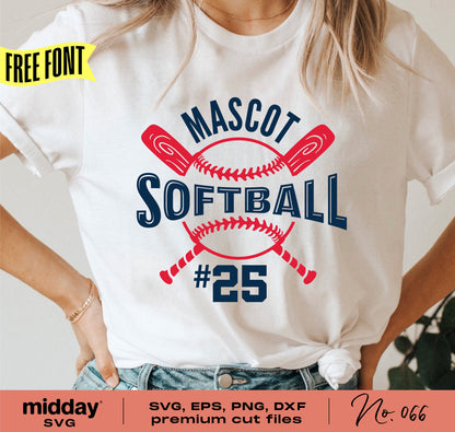 Woman wearing T-shirt with custom softball design 'Mascot Softball #25' using SVG, PNG, DXF, EPS format for Cricut and Silhouette projects.