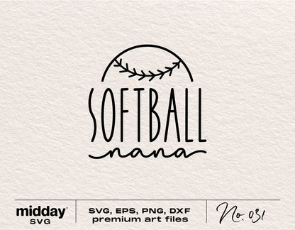 Softball Nana design with baseball graphic in SVG, PNG, Ai, EPS, and DXF formats, ideal for Cricut and Silhouette crafts.