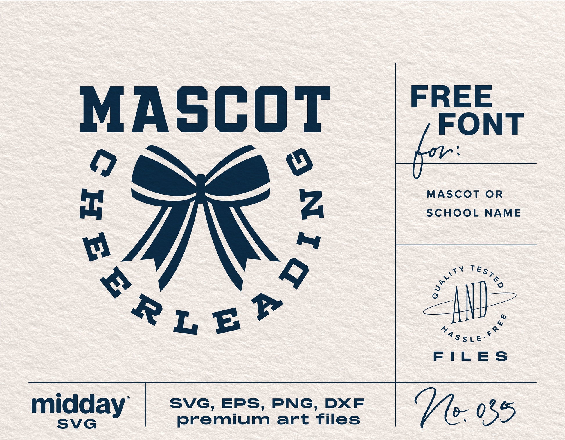 Cheerleading mascot design with bow, available in SVG, EPS, PNG, DXF formats, includes free font option for Cricut and Silhouette.
