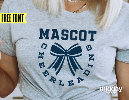 Cheerleading shirt with mascot design and cheer bow graphic, suitable for Cricut and Silhouette, featuring free font by Midday SVG.