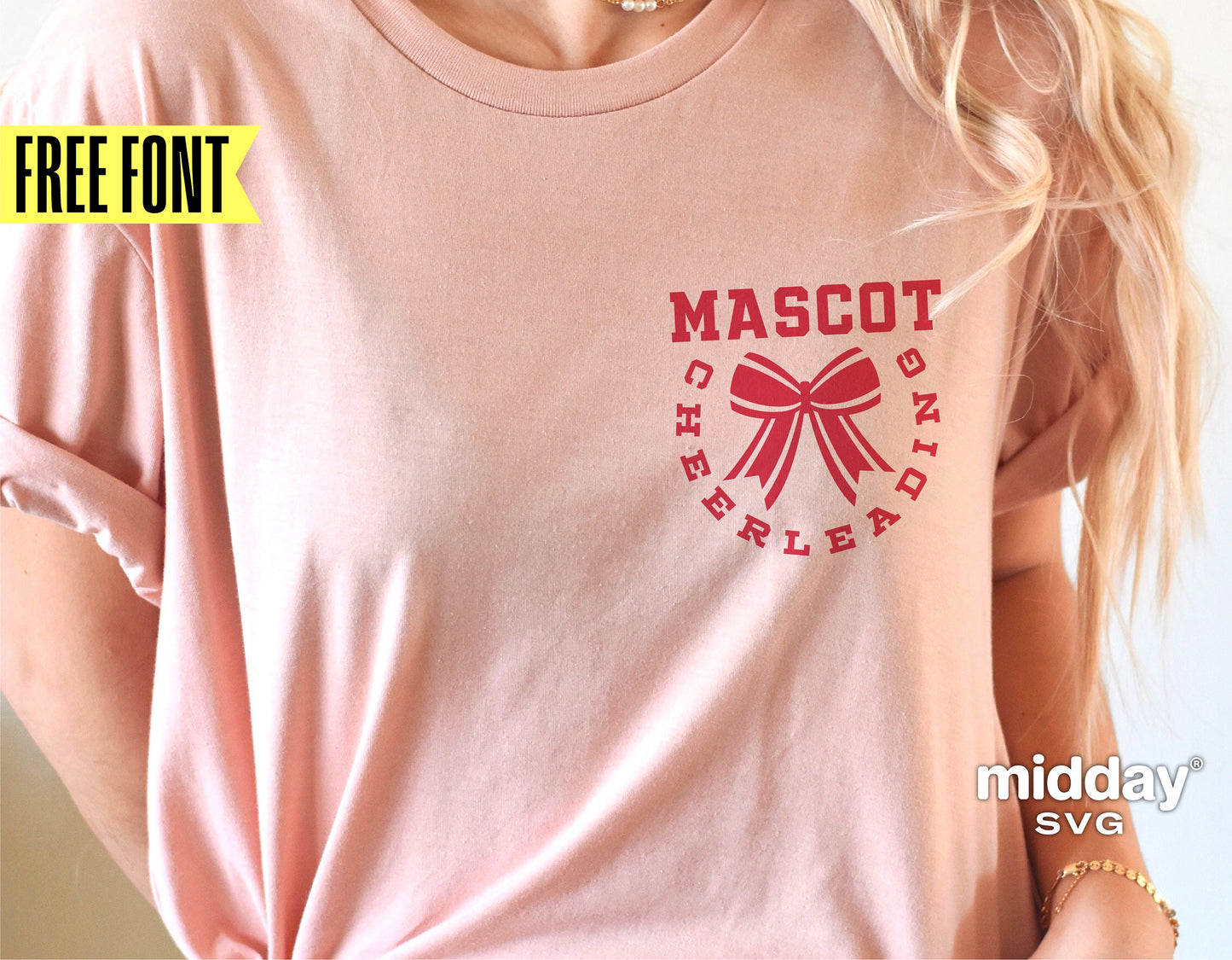 Cheerleading shirt with Mascot design and cheer bow in red, featuring free font offer by Midday SVG for Cricut and Silhouette projects.