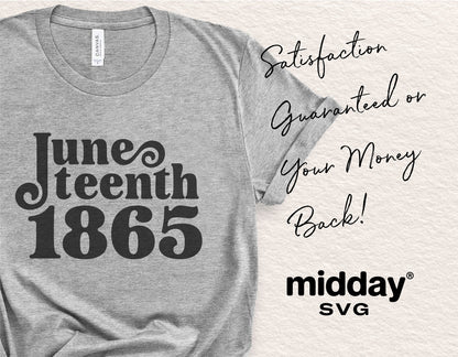 Gray t-shirt with 'Juneteenth 1865' design, promoting satisfaction guarantee by midday SVG. Perfect for Independence Day celebrations.