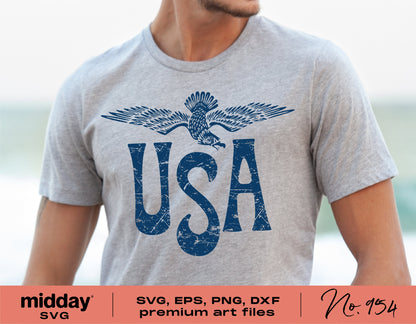 Eagle USA design on gray t-shirt for 4th of July, featuring SVG, PNG, EPS, DXF Cricut and Silhouette cut files.