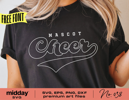 Black t-shirt with 'Mascot Cheer' text design for cheerleading, available as SVG, EPS, PNG, and DXF cut files for Cricut and Silhouette.