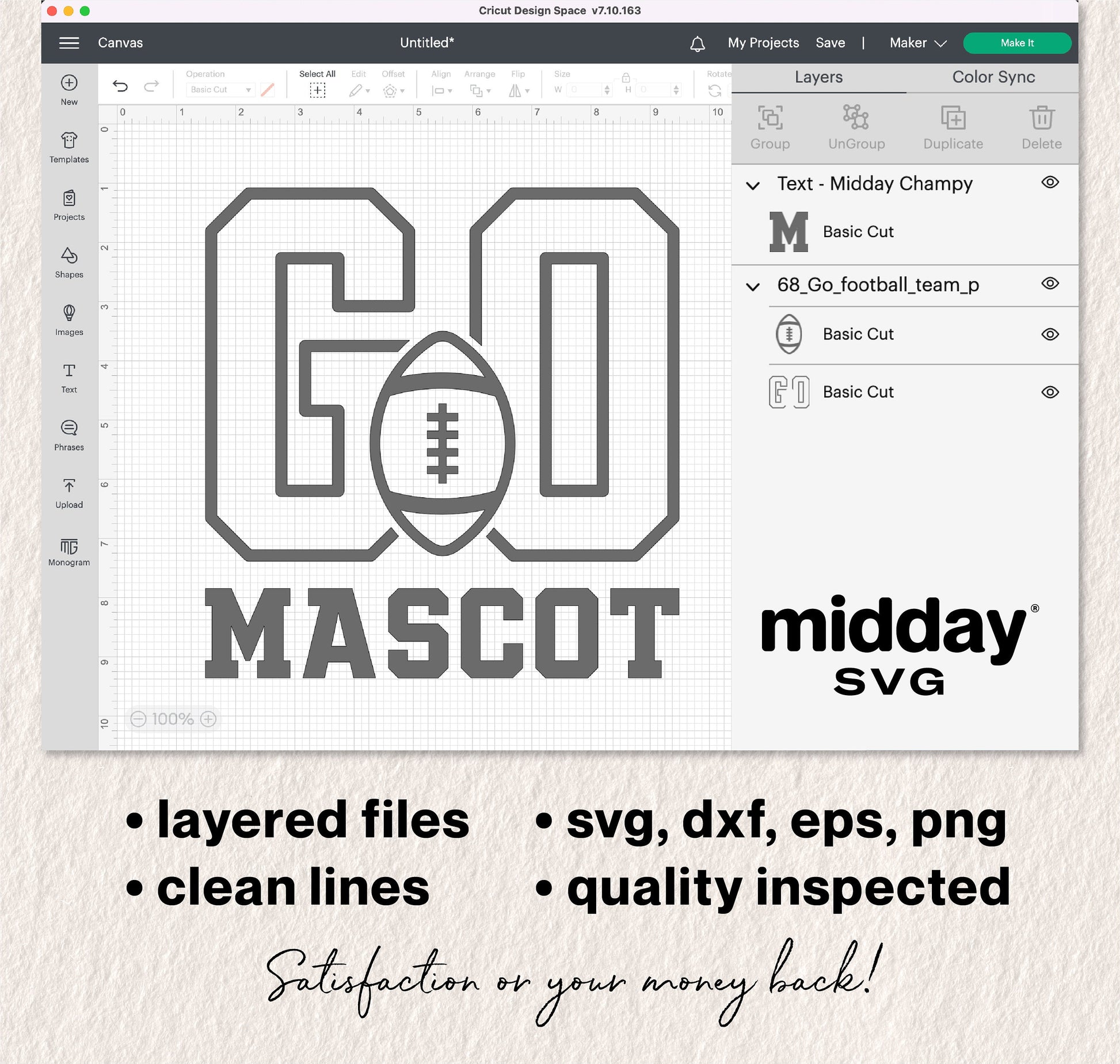 Go Football Team SVG mockup in Cricut Design Space with layered files, clean lines, available in svg, dxf, eps, png formats. Satisfaction guarantee.