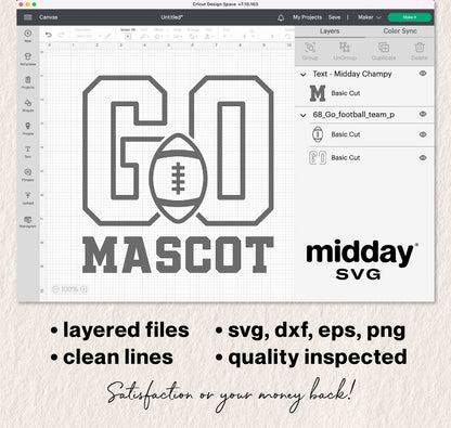 Go Football Team SVG mockup in Cricut Design Space with layered files, clean lines, available in svg, dxf, eps, png formats. Satisfaction guarantee.