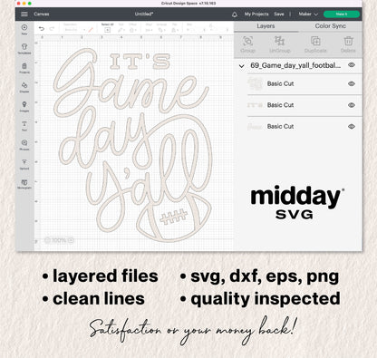 "It's Game Day Y'all" SVG design for Cricut and Silhouette cutting, featuring clean lines and layered files in SVG, PNG, DXF, EPS formats.
