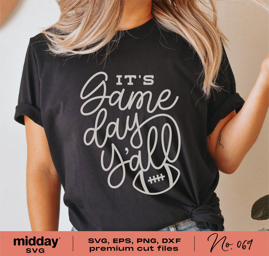 "It's Game Day Y'all" black t-shirt design featuring football graphic for Cricut and Silhouette crafting projects.