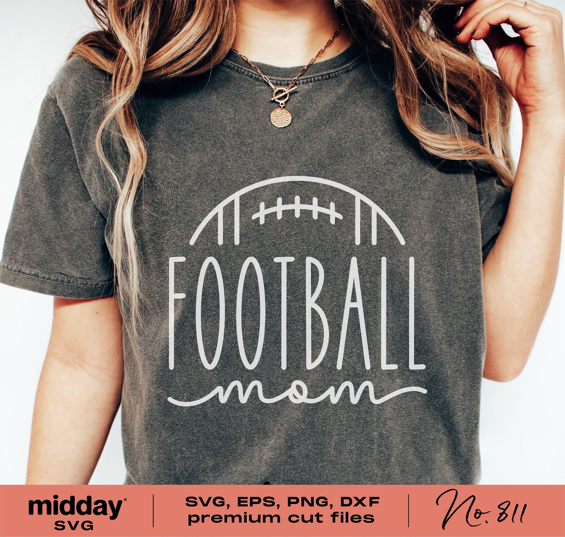 Football Mom design on shirt, available in SVG, PNG, DXF, EPS formats for Cricut and Silhouette projects. Perfect for apparel and gifts.