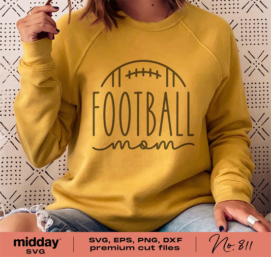Yellow sweatshirt with 'Football Mom' design, perfect for SVG, PNG, DXF, EPS formats, suitable for Cricut and Silhouette crafting.