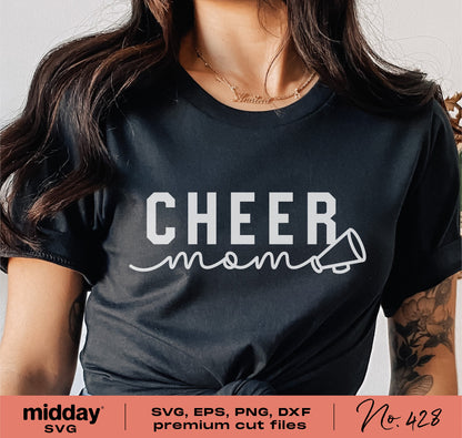 Woman wearing a black shirt with 'Cheer Mom' and megaphone graphic. SVG, EPS, PNG, DXF files for Cricut and Silhouette.