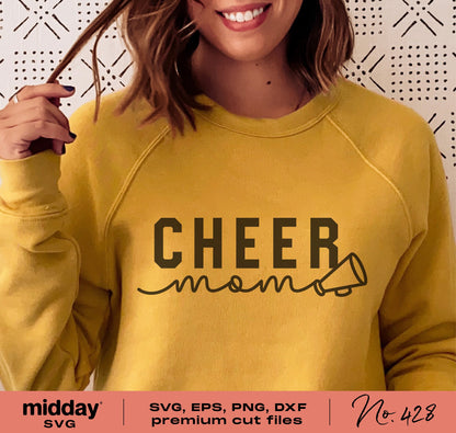 Woman wearing yellow sweatshirt with 'Cheer Mom' and megaphone design for SVG cut file, available in SVG, PNG, EPS, DXF formats.