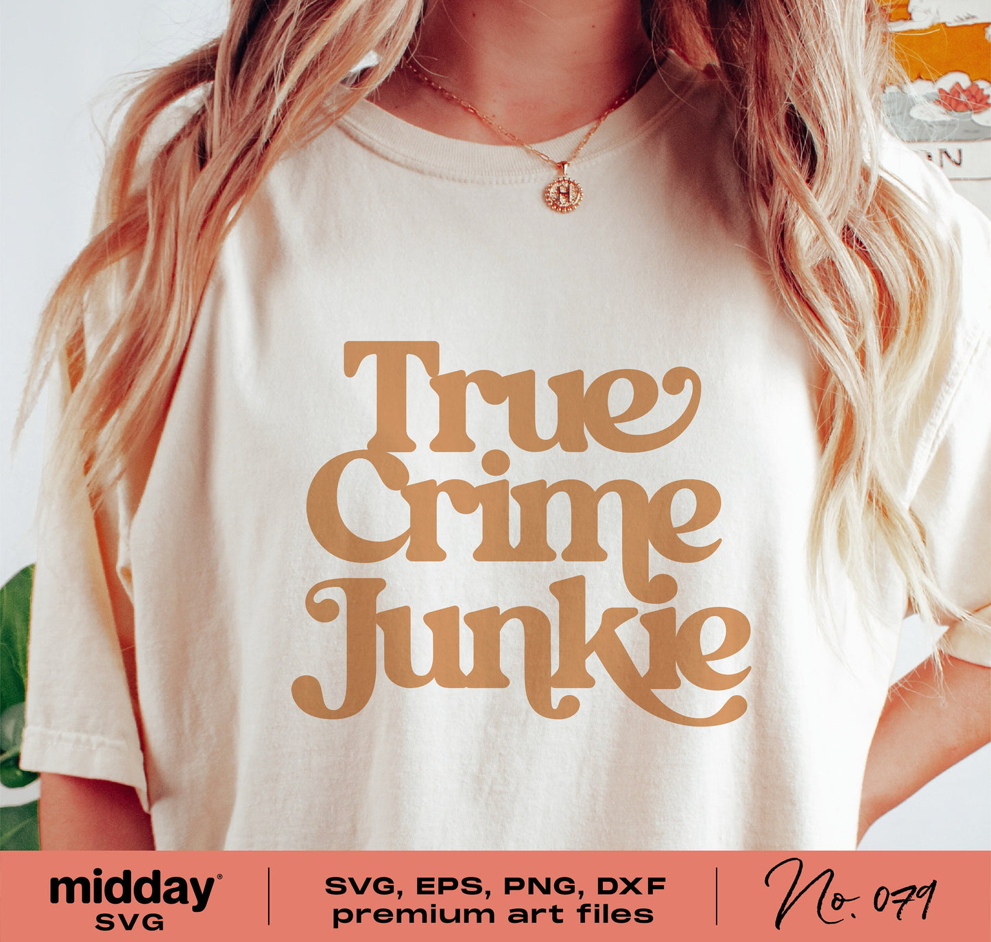 Woman wearing 'True Crime Junkie' shirt, svg png dxf eps files for Cricut and Silhouette, perfect for mugs and stickers.
