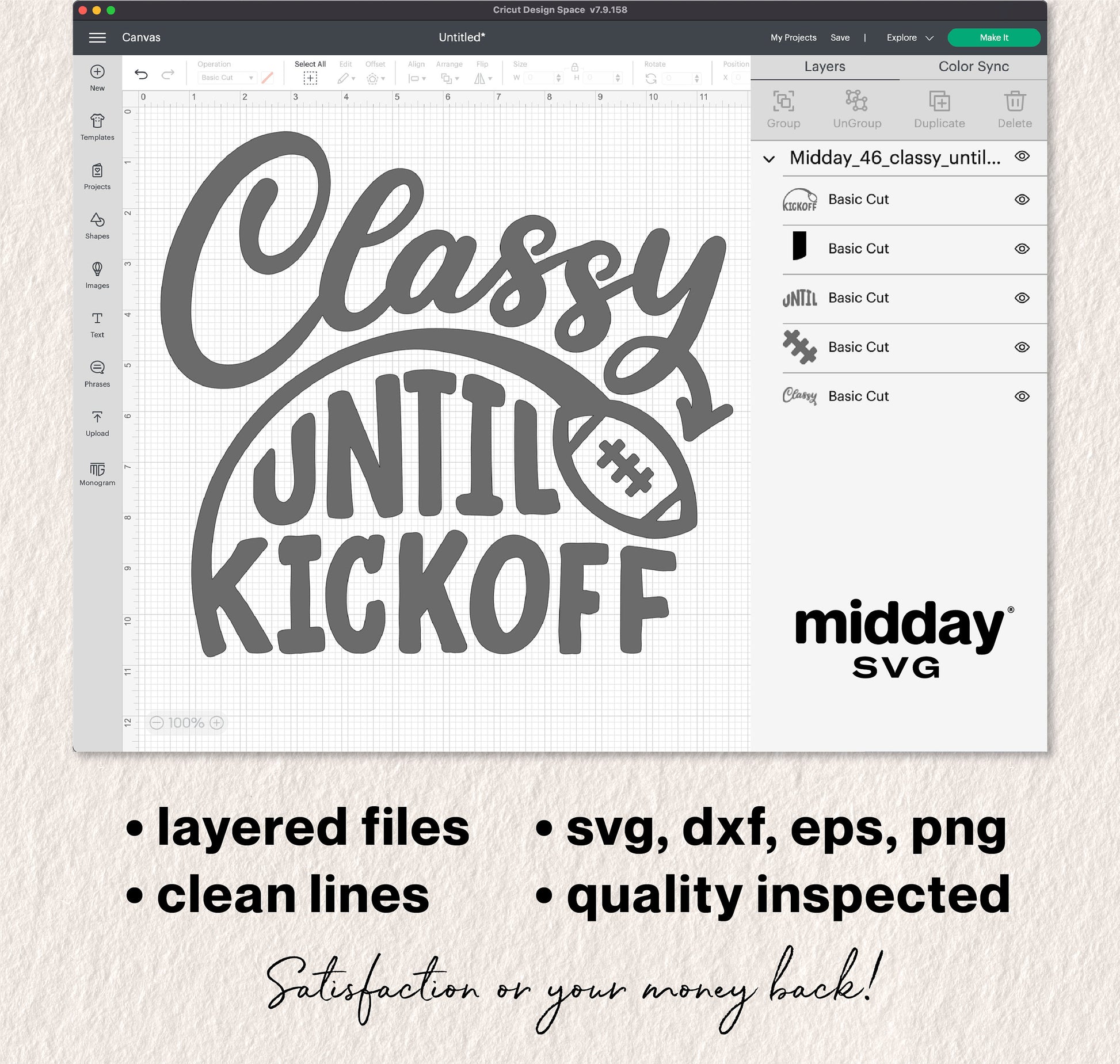 Classy Until Kickoff SVG shown in design software with layered files in SVG, DXF, EPS, PNG formats, featuring a football graphic for game day.