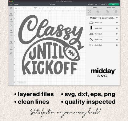 Classy Until Kickoff SVG shown in design software with layered files in SVG, DXF, EPS, PNG formats, featuring a football graphic for game day.