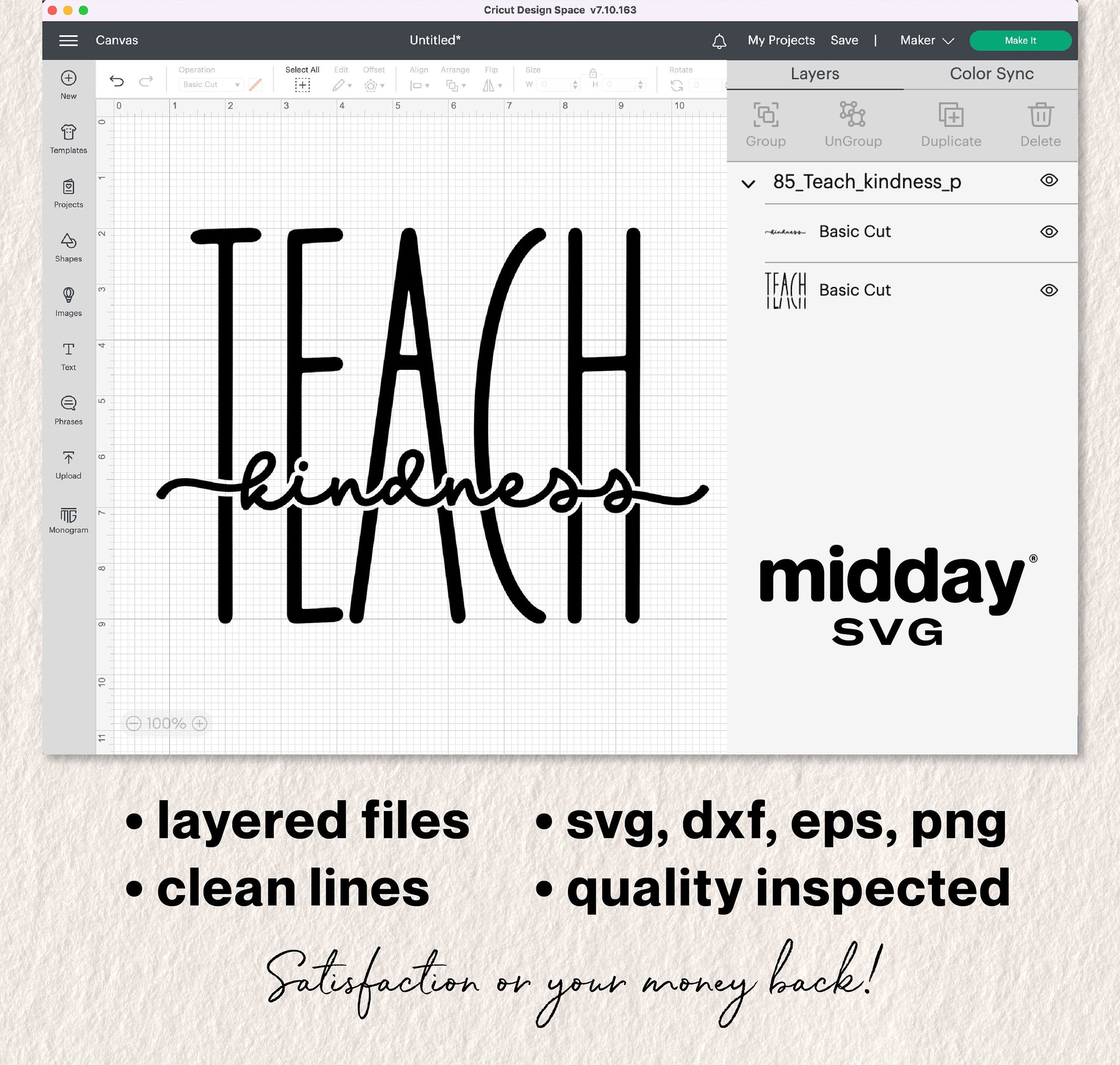 Teach Kindness SVG design on Cricut interface, available in SVG, DXF, EPS, PNG formats for teachers, perfect for crafting projects.