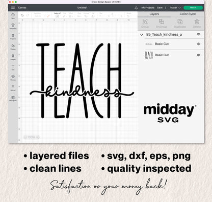 Teach Kindness SVG design on Cricut interface, available in SVG, DXF, EPS, PNG formats for teachers, perfect for crafting projects.