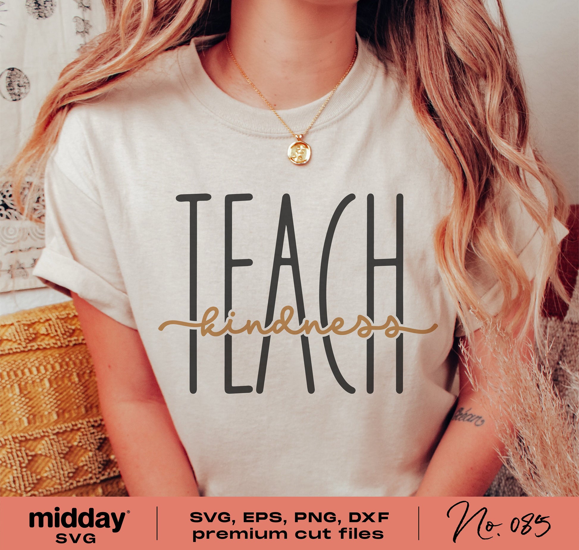 Woman wearing a beige t-shirt with 'Teach Kindness' text, ideal for teacher gifts and back to school designs, includes SVG and cut files.