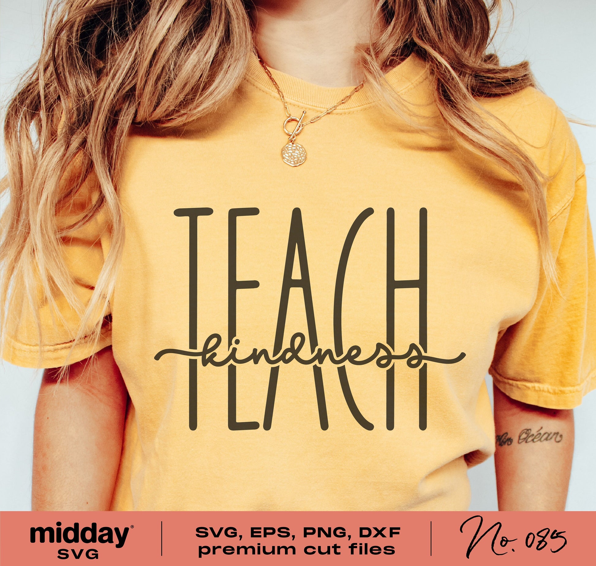 Yellow teacher shirt with 'Teach Kindness' design, ideal for Cricut and Silhouette projects, including SVG, DXF, PNG, EPS files.