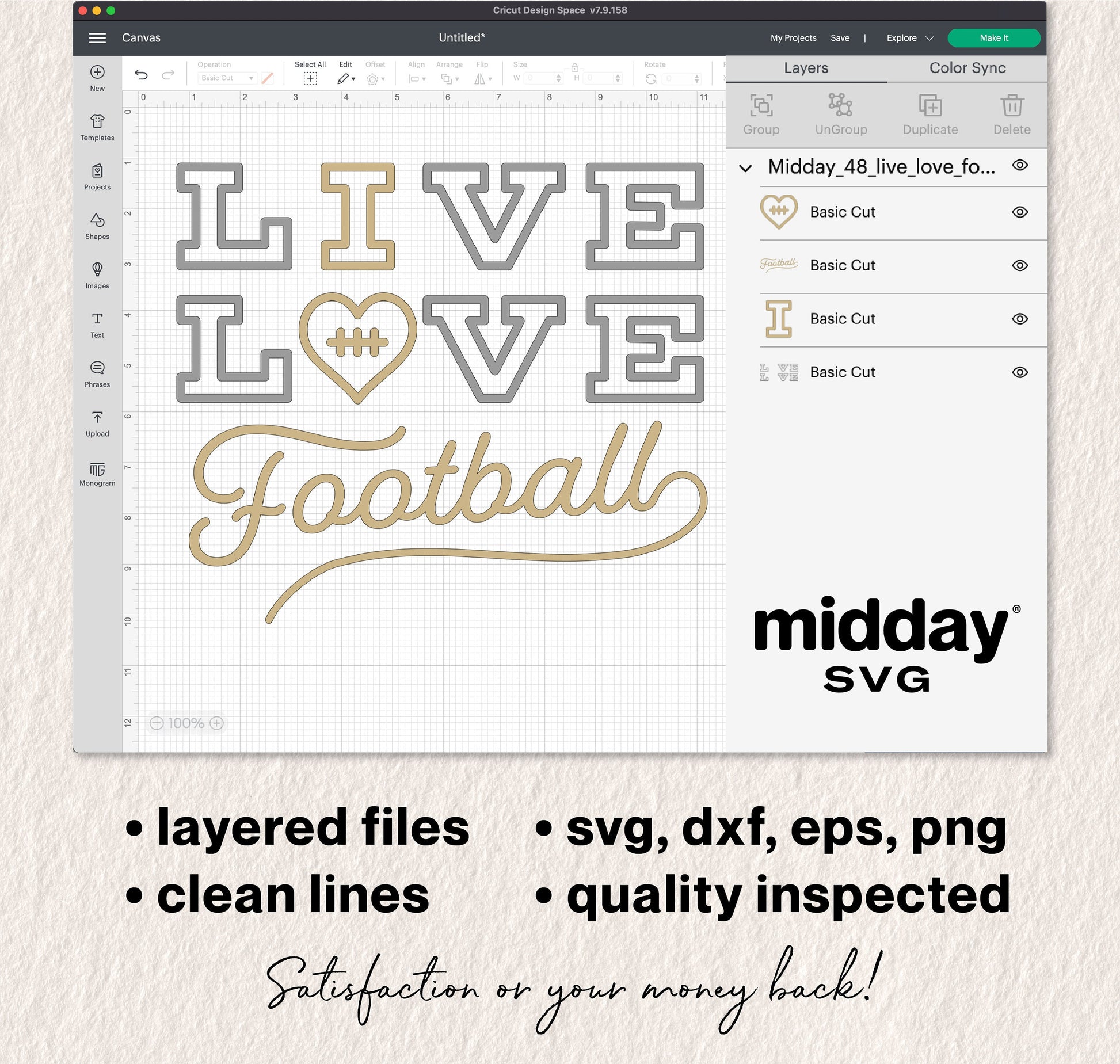 Live Love Football SVG design displayed in Cricut Design Space with options for SVG, DXF, EPS, PNG formats by midday SVG.