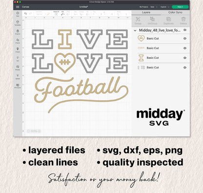 Live Love Football SVG design displayed in Cricut Design Space with options for SVG, DXF, EPS, PNG formats by midday SVG.