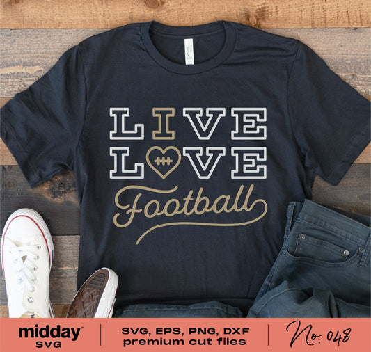 Black t-shirt with Live Love Football design, suitable for Cricut and Silhouette projects, featuring SVG, PNG, DXF, EPS files.