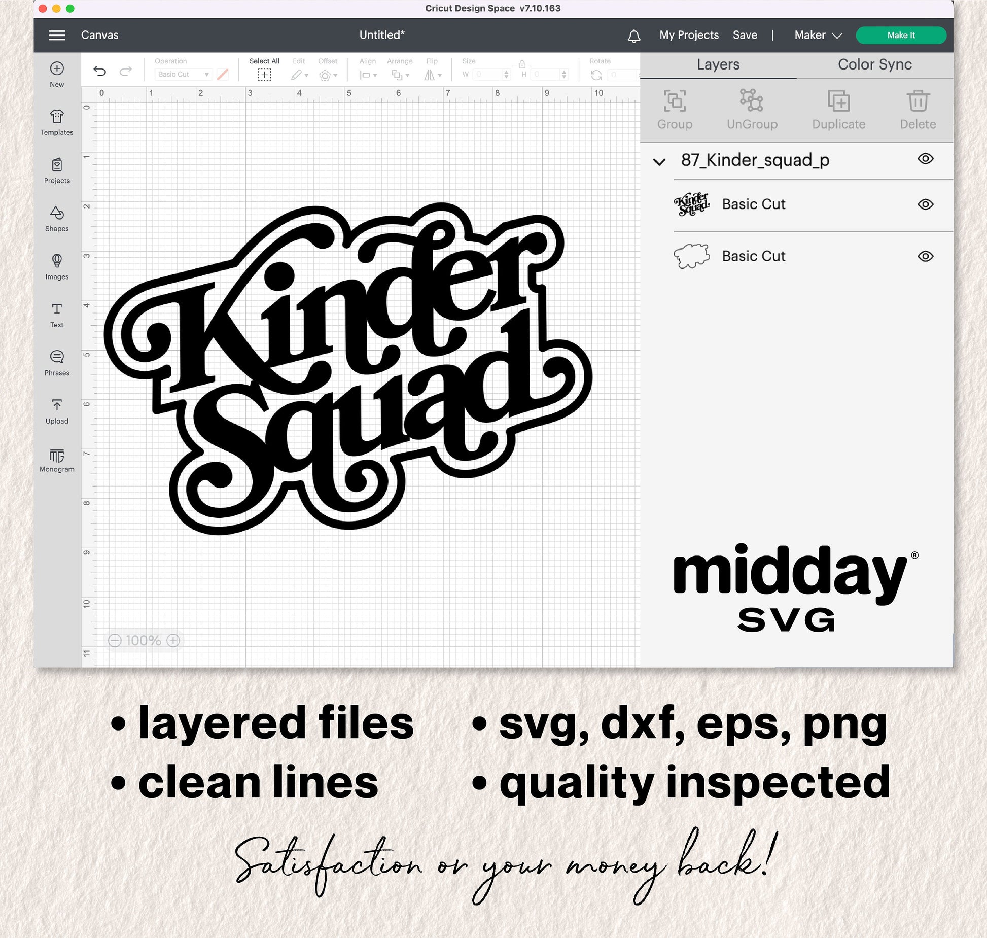 Kinder Squad SVG design in Cricut Design Space, includes SVG, DXF, EPS, PNG formats, perfect for kindergarten teacher shirts.