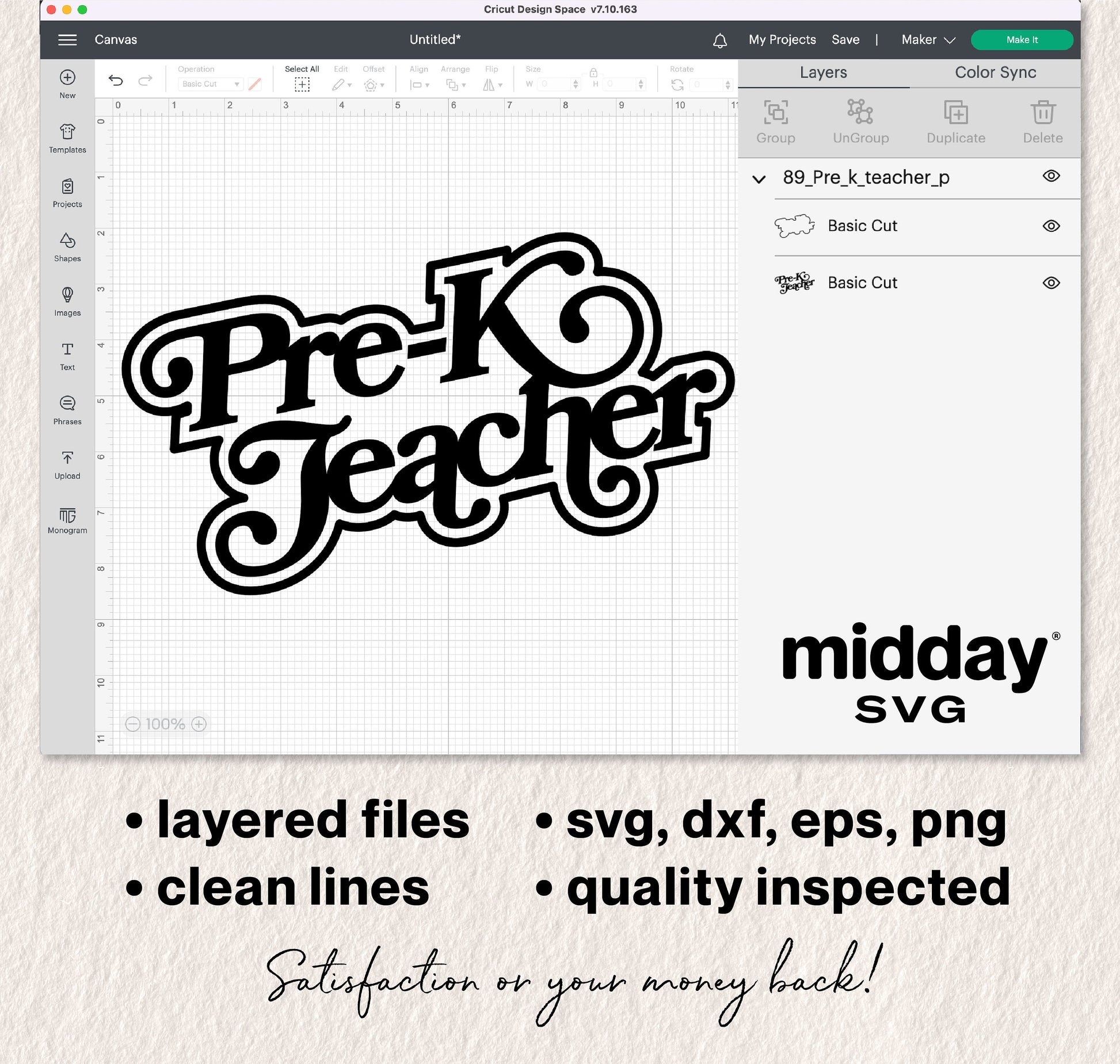 Pre-K Teacher SVG design displayed in Cricut Design Space with layered files, clean lines, and multiple format options.