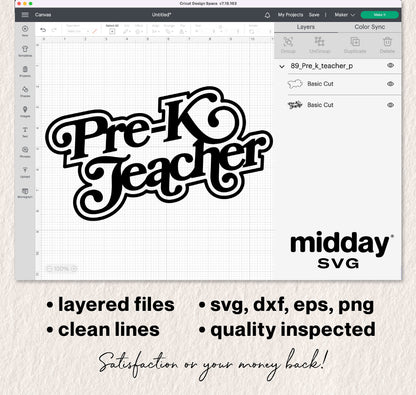 Pre-K Teacher SVG design displayed in Cricut Design Space with layered files, clean lines, and multiple format options.