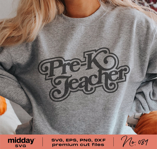 Gray sweatshirt with 'Pre-K Teacher' design, showcasing stylish script ideal for Cricut cut files and back-to-school projects.