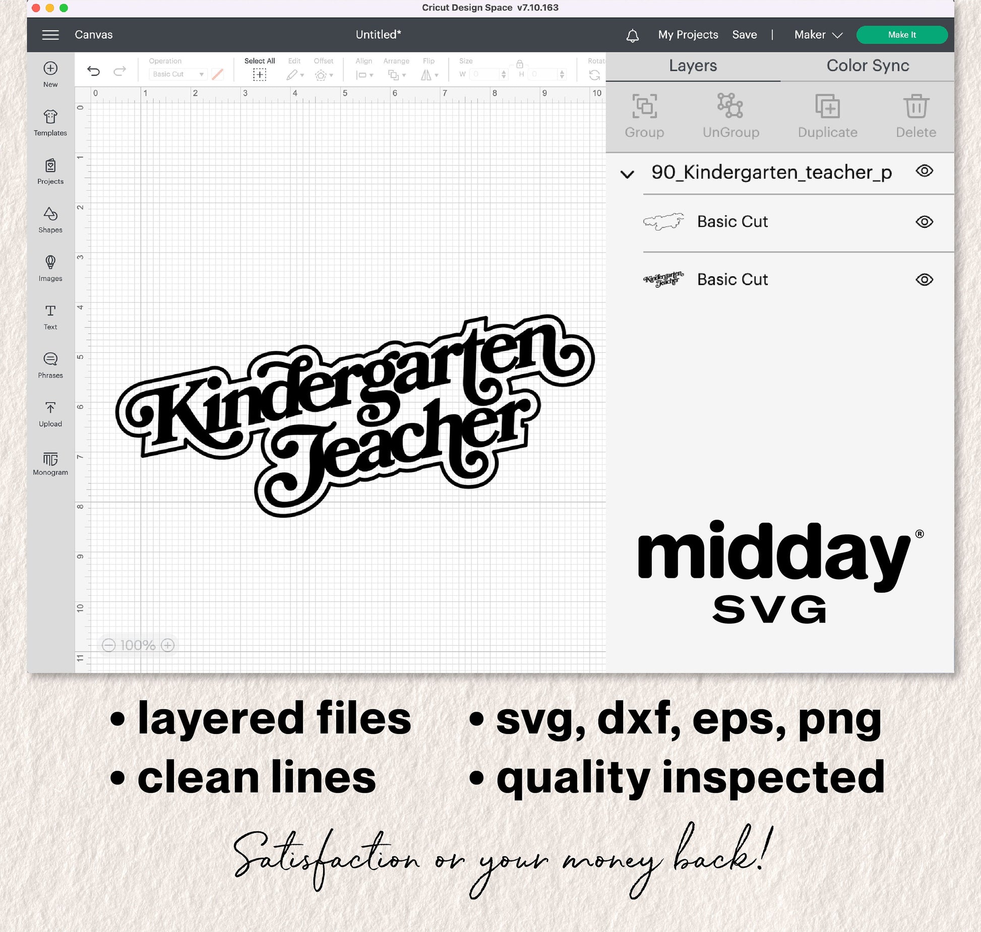 Kindergarten Teacher SVG design preview for Cricut with layered files in SVG, DXF, EPS, and PNG formats, clean typography, and quality assurance.