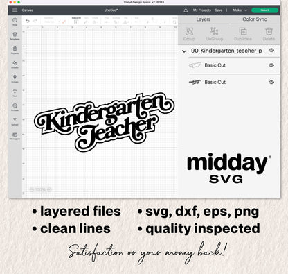 Kindergarten Teacher SVG design preview for Cricut with layered files in SVG, DXF, EPS, and PNG formats, clean typography, and quality assurance.