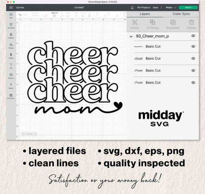 Cheer Mom SVG design file in Cricut Design Space for creating custom cheerleading shirts and tumblers, includes SVG, DXF, EPS, and PNG formats.