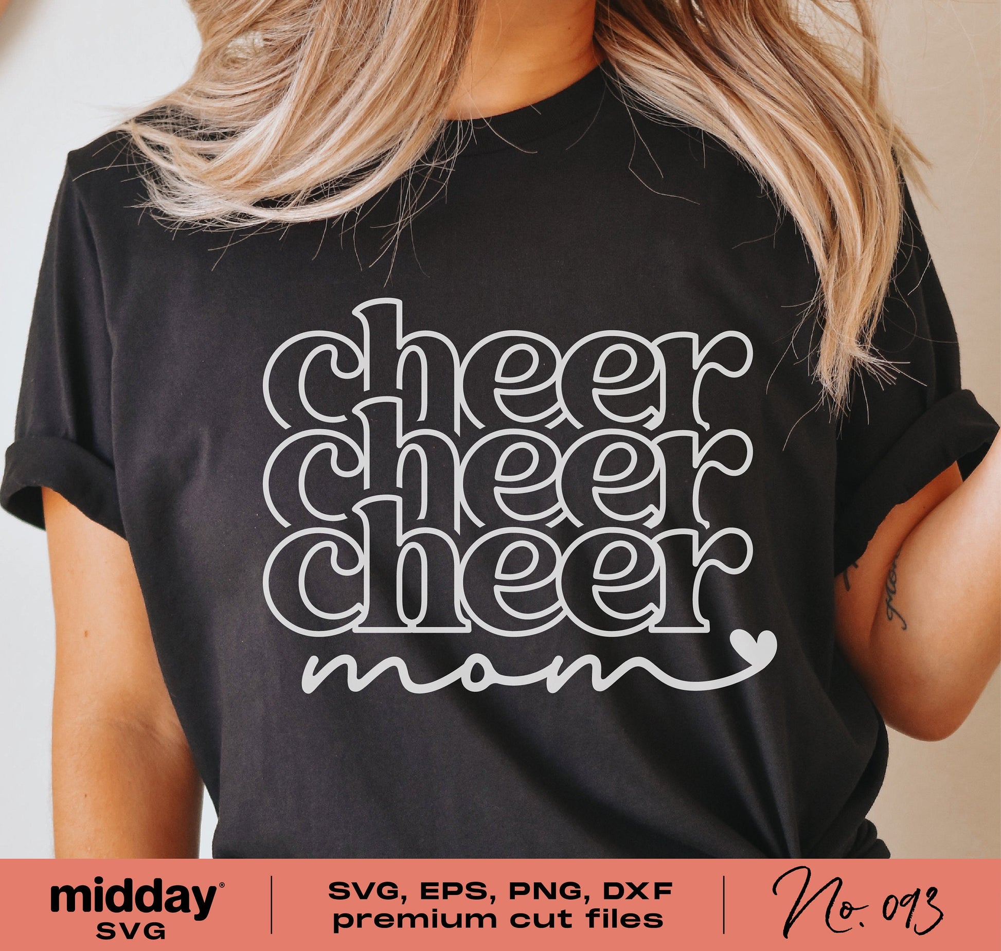 Black shirt with 'cheer cheer cheer mom' design for cheerleader moms, available as SVG, PNG, DXF, EPS digital files for Cricut and Silhouette.
