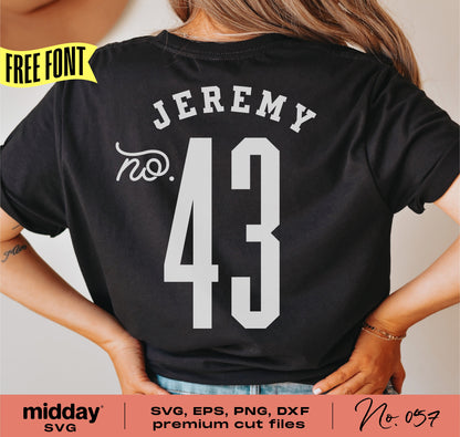 Back view of custom football team shirt with number 43 and name, available as SVG, EPS, PNG, DXF cut files for Cricut and Silhouette