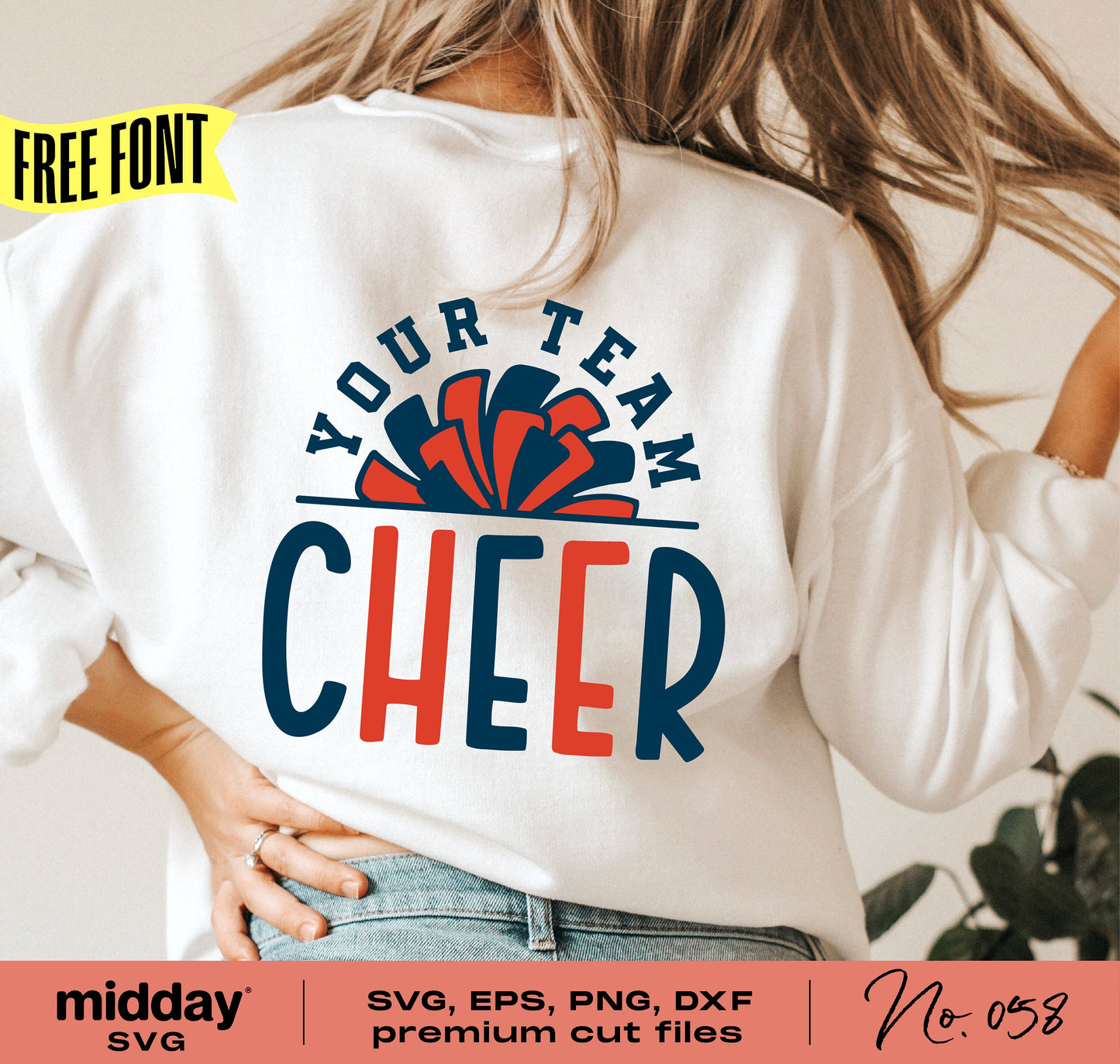 Cheerleader on white shirt with 'Your Team Cheer' design, featuring pom-pom graphic. Includes SVG, EPS, PNG, and DXF files.