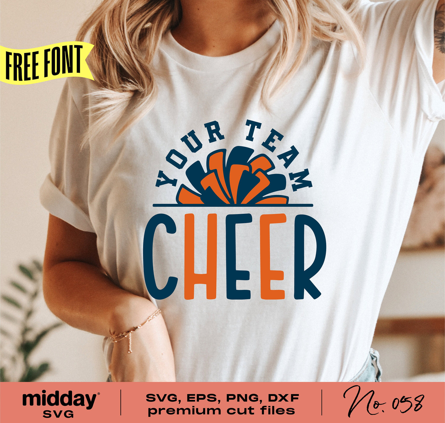 White t-shirt with 'Your Team Cheer' design, featuring a blue and orange pom pom graphic, promoting cheerleading SVG cut files.